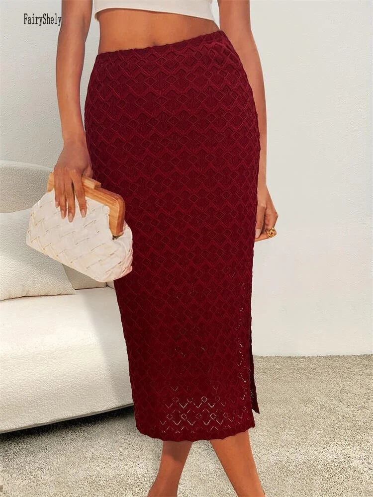 Fairyshely Sexy Burgundy Lace Long Skirt Women 2025 Summer High Waist Midi Skirt Ladies Elegant Split Transperant Bodycon Skirt