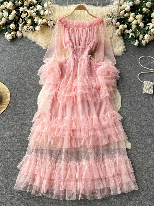 SINGREINY High Street Fashion Cake Mesh Party Dress Women Off the Shoulder Tierred Elastic Sundress Polka Dot Lace Maxi Dress