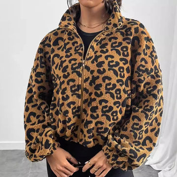 Flash Fleece Loose Cardigan Zipper Leopard Print Plush Autumn Winter New Arrival Women's Outerwear Thickened Long Sleeve Coat