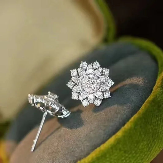 Huitan Dazzling Flower Shaped Stud Earrings Full with CZ for Women Daily Wear Temperament Accessories Fancy Gift Fashion Jewelry