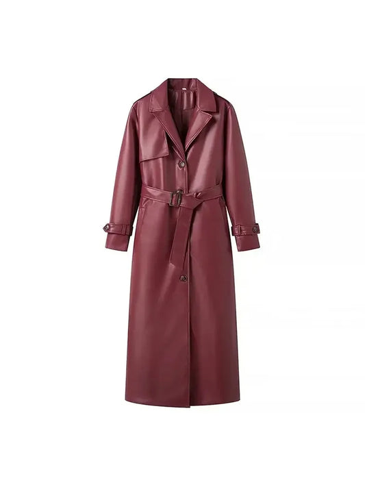 2025 Women New Fashion With Belt Long style Single Breasted Faux Leather Coat Vintage Long Sleeve Pockets Female Outerwear