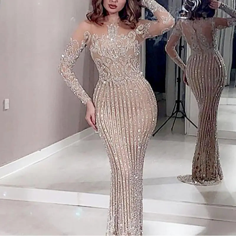Women Spring Summer Dress Solid Color Long Sleeve Sequins O Neck Casual Fashion Sexy Elegant Comfortable Regular Standard Dress