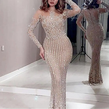 Women Spring Summer Dress Solid Color Long Sleeve Sequins O Neck Casual Fashion Sexy Elegant Comfortable Regular Standard Dress