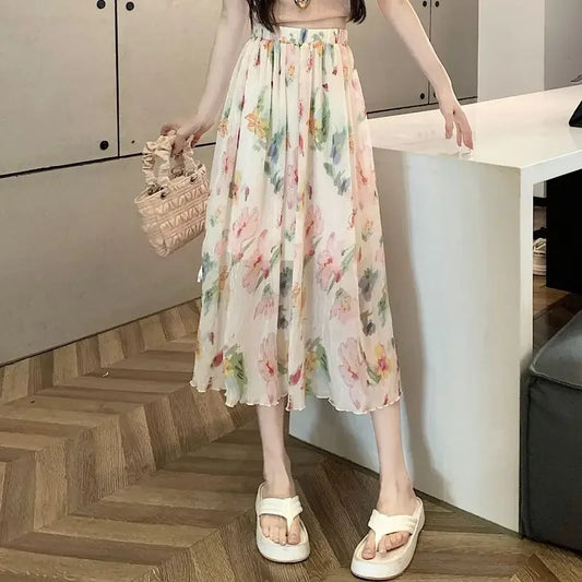 Chiffon Midi High Waist Floral Woman Skirt Y2k Vintage Luxury Elegant New in Casual Korean Fashion Streetwear V Skirts for Women