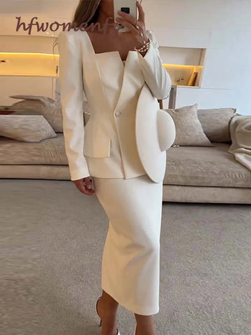 Elegant White Coat Skirt Set Square Collar Double Breasted Long Sleeve Blazer Hip Package Fashion Lady Skirt 2 Piece New Outfits