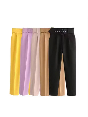 TRZA-Women's High Waist Zipper Fly Ankle Trousers with Belt, Office Wear Pants, Side Pockets, Female Fashion
