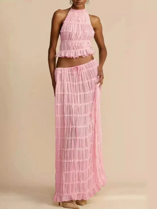 New Summer Female 2 Piece Set Outfits Ashion Halter Neck Long Skirt Suit Women Backless Sling Top Lace Up Fold Maxi Skirts