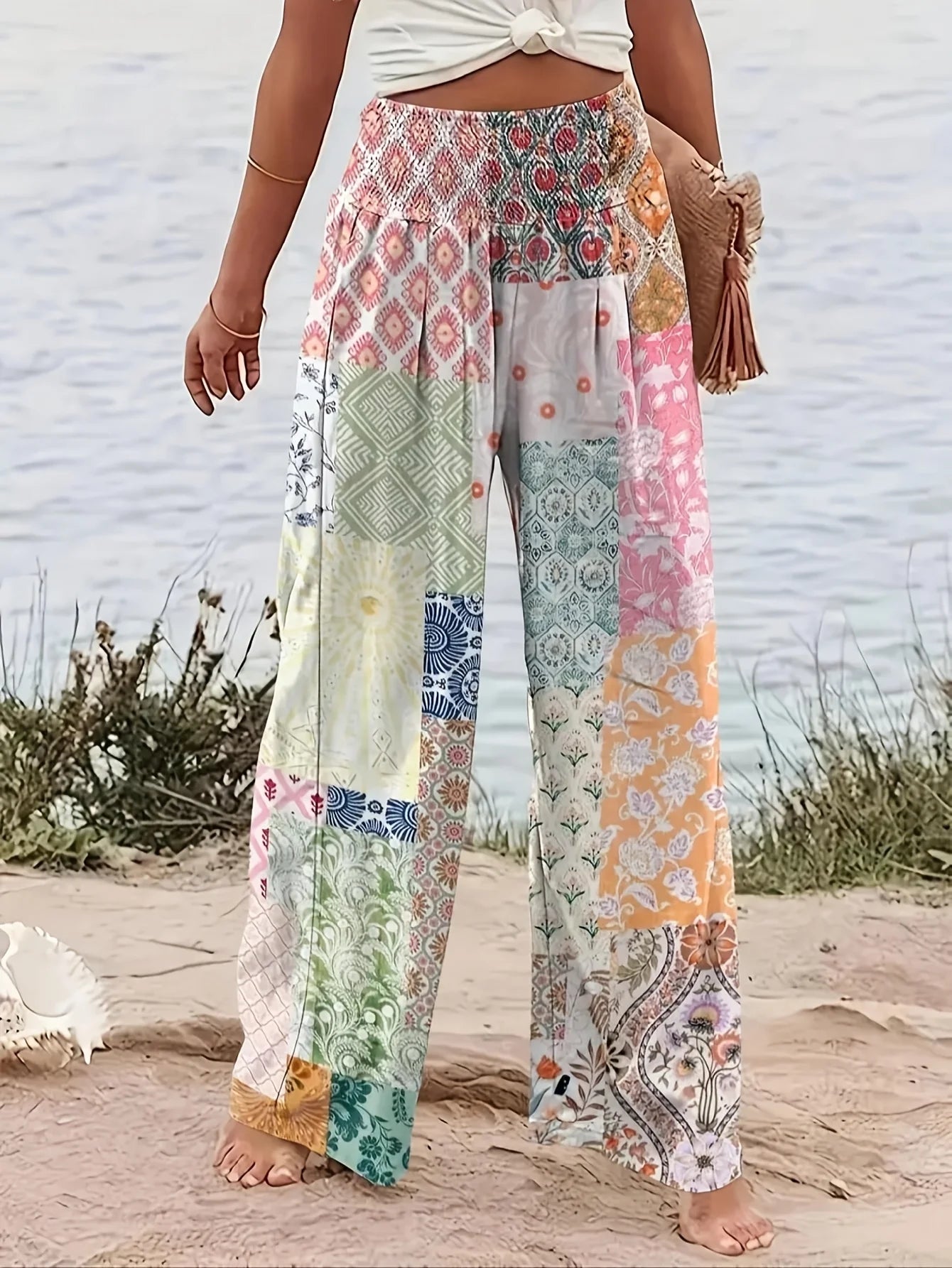 Women Fashion Floral Printed Wide Leg Pants Female Casual High Waisted Loose Long Trousers