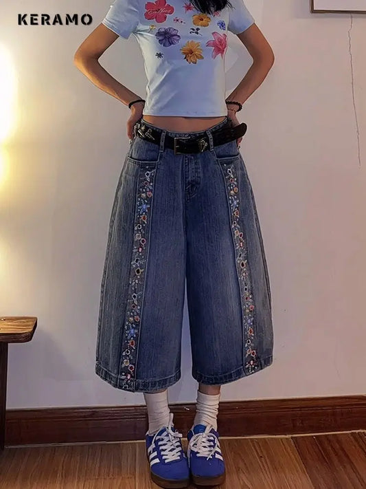 Retro Blue Floral Decoration Oversized Jeans Women Casual Baggy Pocket Y2K Mid Long Pants Grunge Street Wide Leg Denim Trouser