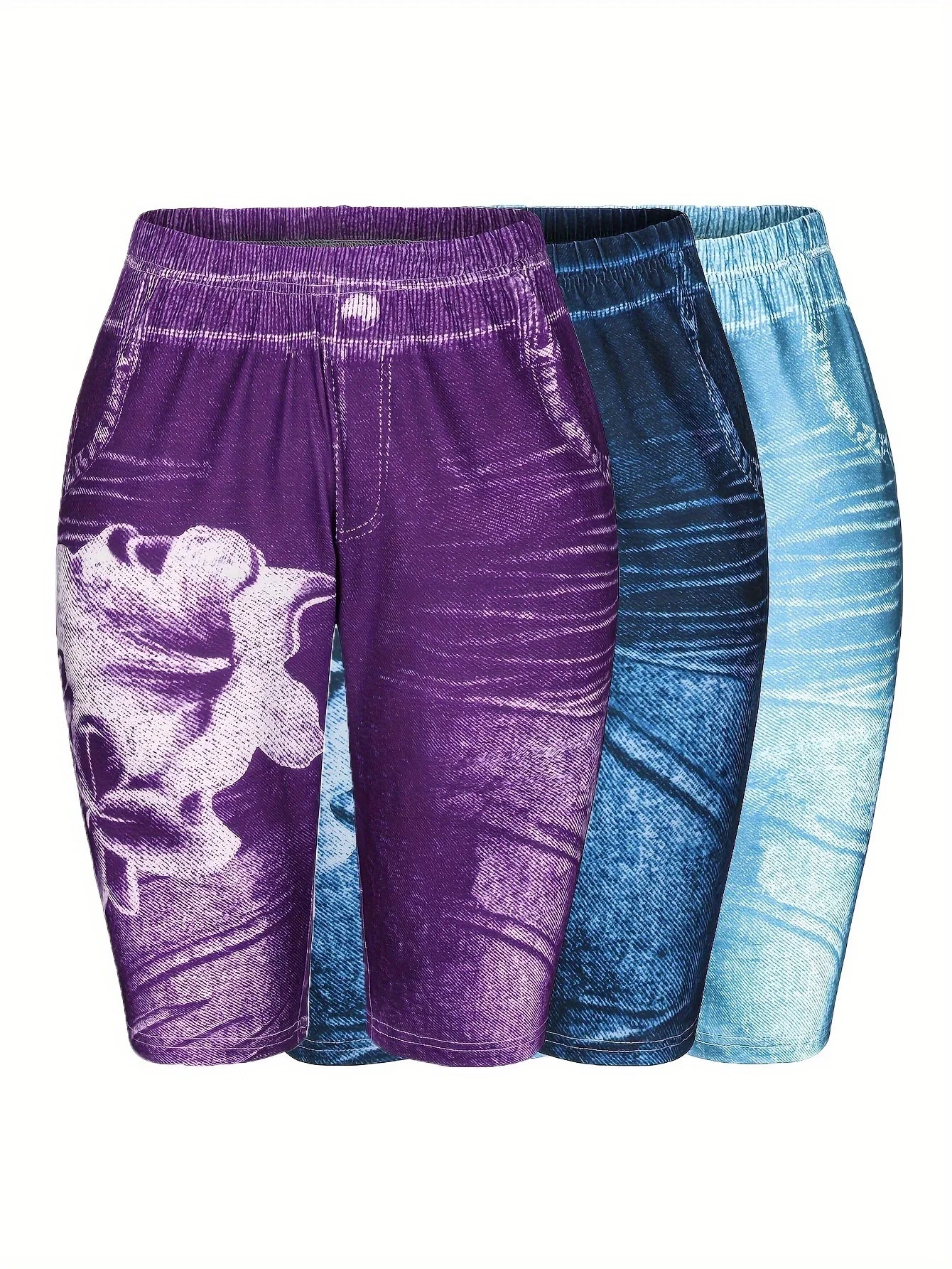 3-Piece Set Of Lily Flowers New Fashionable Denim Inspired Slim Fitting Shorts Women's Casual Leggings High Elasticity