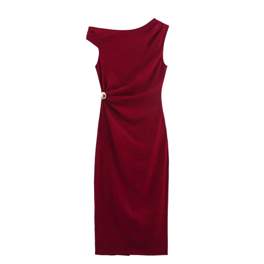 2025 Women Solid Long Dress Skew Collar Sleeveless Off Shoulder Irregular Slim Dress Casual Fashion Party Loose Dress