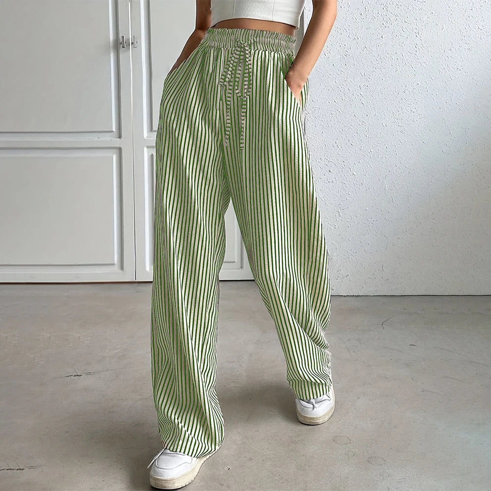 Women's Striped Pockets Drawstring Full Length Chino Pants Spring Autumn Ladies Casual Mid Elasticated Waist Bottoms