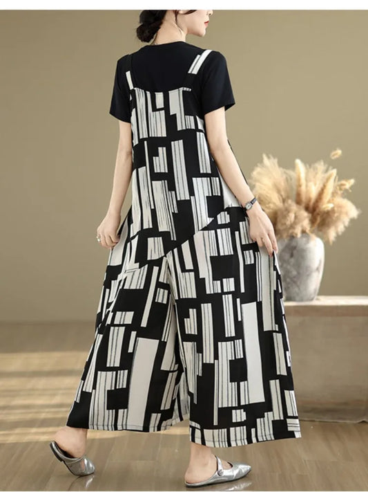 Oversized Summer Overalls Pant Women Irregular Print Fashion V-Neck Ladies Overalls Trousers Casual Loose Wide Leg Woman Pants