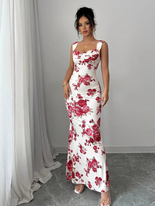 French Vintage Temperament Slim Printing Summer Fashion Women Elegant Hip Sling Low Collar Sleeveless Off Shoulder Slip Dress