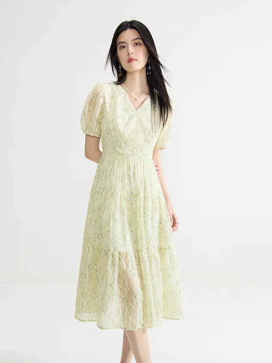 DUSHU【2 Colors】Women V-Neck Yellow Floral Long A-LINE Dress Temperament Short Sleeve Mid-Calf Female Purple Dress 24DS82807