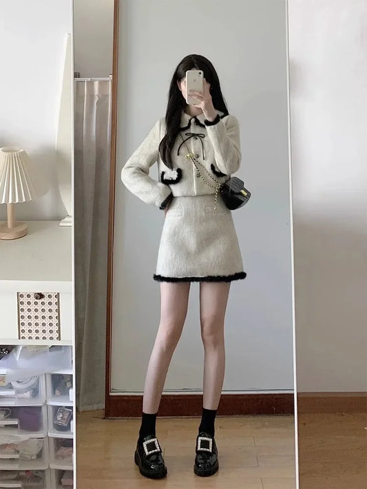 Fashionable Color Blocking Woolen Jacket Skirt 2-Piece Set Women's Winter Deep Winter Matching Outfit Beautiful Suit Dress