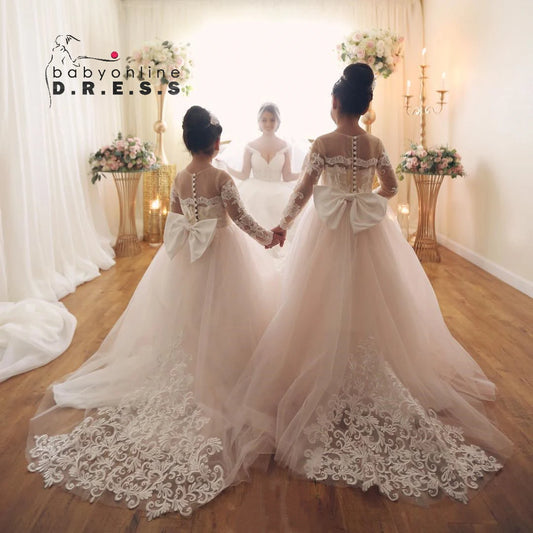 BABYONLINE Long Sleeve Flower Girl Dresses For Wedding Guest Kids Bridesmaid With Bow White Ivory Lace Tulle First Communion