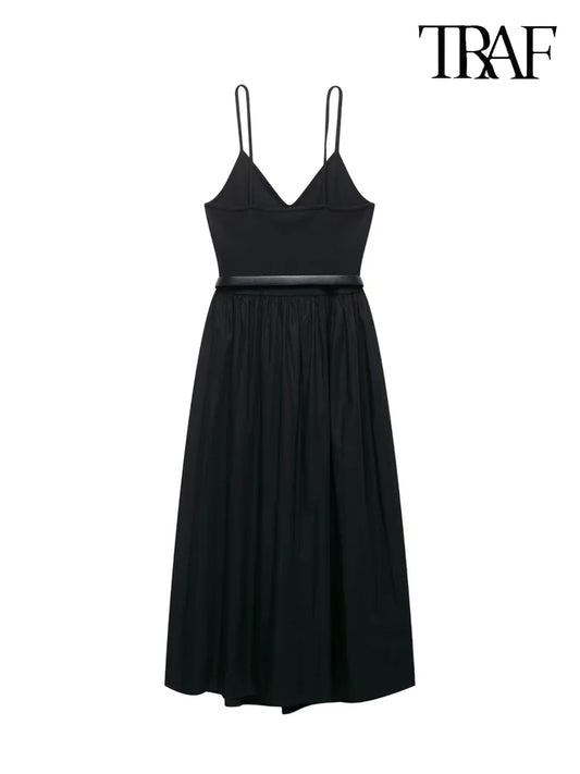 TRAF Women's Splicing Design V-Neck Midi Dress Elegant with Belt Sleeveless Sheath Dresses Casual Holiday Style Women's Y2K