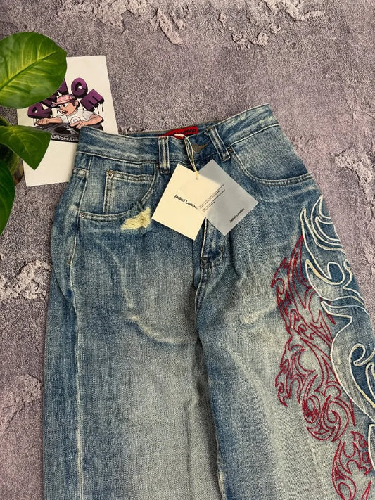 Streetwear New Fashion Big Pattern Embroidered Baggy Jeans Women Y2K Rock Hip Hop Retro Popular Casual High Waist Wide Leg Pants