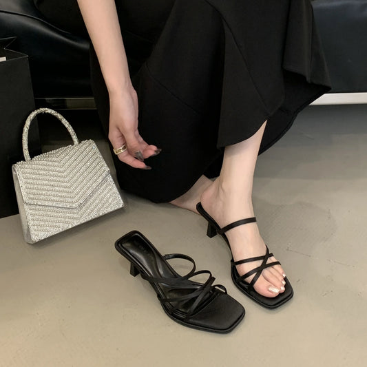 2025 Summer Women Fashion Square Head Satin Spaghetti Straps Outer Wear Party Wedding Middle Heel Slippers