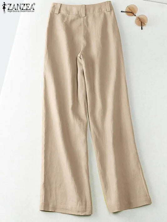 ZANZEA 2023 Autumn Summer Spring Fashion Women Pants Cotton Linen Long Trousers Wide Leg Plain Holiday Casual Pants Streetwear
