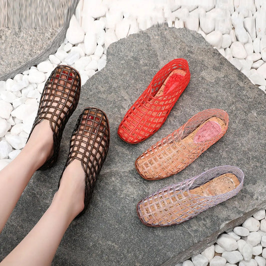 2025 Women's New Flat Sandals with Hollow PVC Breathable Summer Outerwear Baotou Bag and Casual Jelly Sandals