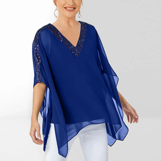 Plus Size Mesh Sequins V-Neck Women’s Elegant Shirt Blouse Split Batwing Sleeve Solid Tierred Irregular Casual Summer Female Top