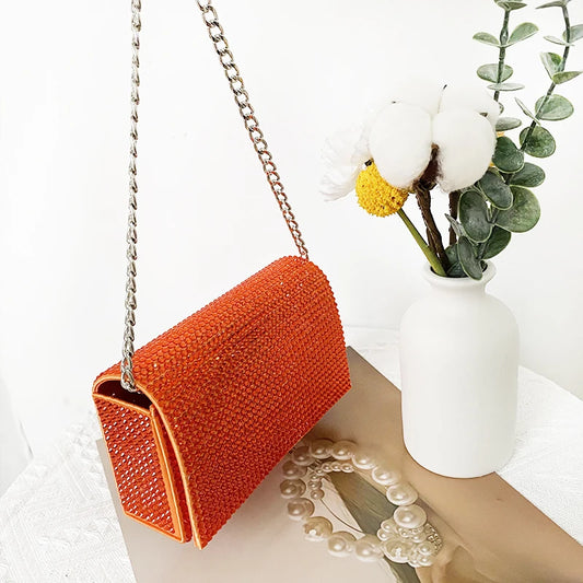 Luxury Designer Orange Rhinestones Evening Clutch Bag Female Crystal Diamonds Square Dinner Party Shoulder Purses