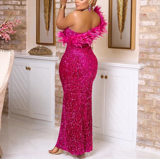 Sexy Dresses for Woman One Shoulder Sequined Feather Side Split Floor Length Elegant Evening Night Party Birthday Vestidos Mujer