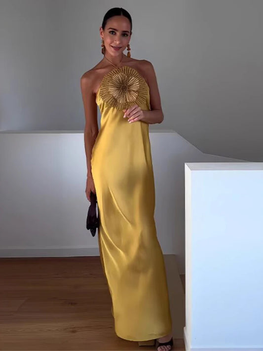 TRAF Women Elegant Chest Diamond Flower Halter Dress Backless Sexy Long Dresses Summer 2025 New Fashion Evening Party Dresses
