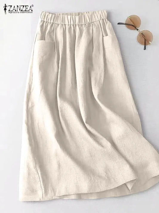 ZANZEA Women Cotton Skirt Holiday Elastic Waist Midi Skirt 2024 Summer Side Pockets Falda Saias Casual Korean Solid A Line Jupe