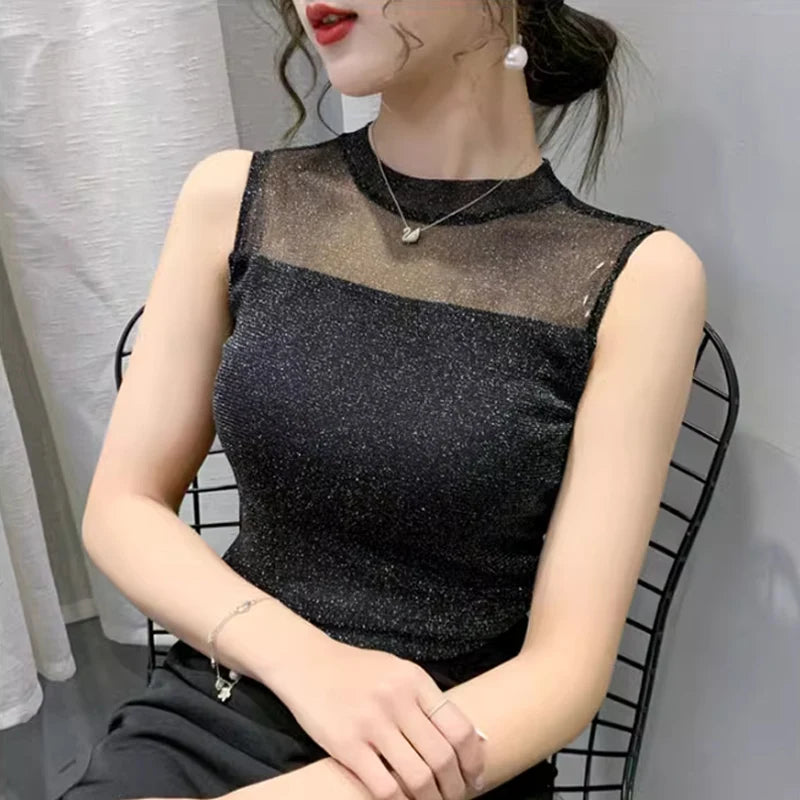 Spring Summer T shirt For Women New Fashion Sleeveless Tank Top Slim Fit Fashion Sexy Bright Silk Shirt