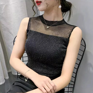 Spring Summer T shirt For Women New Fashion Sleeveless Tank Top Slim Fit Fashion Sexy Bright Silk Shirt