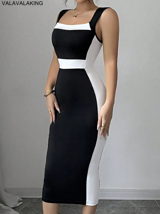 Lady Sexy Solid Patchwork Bodycon Long Dress Women Square Collar Strap Club Dress Lady Summer Evening Party Tight Dress Clubwear