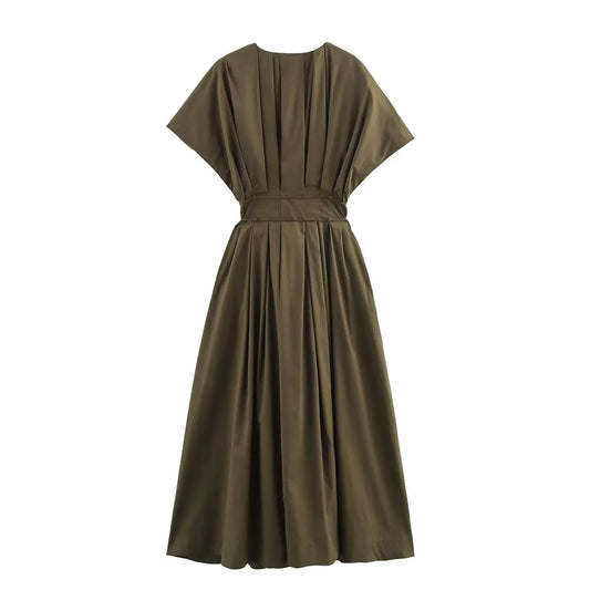 MYST&ZA2025 new summer women's casual fashion pleated drop shoulder short sleeve V-neck midi long dress