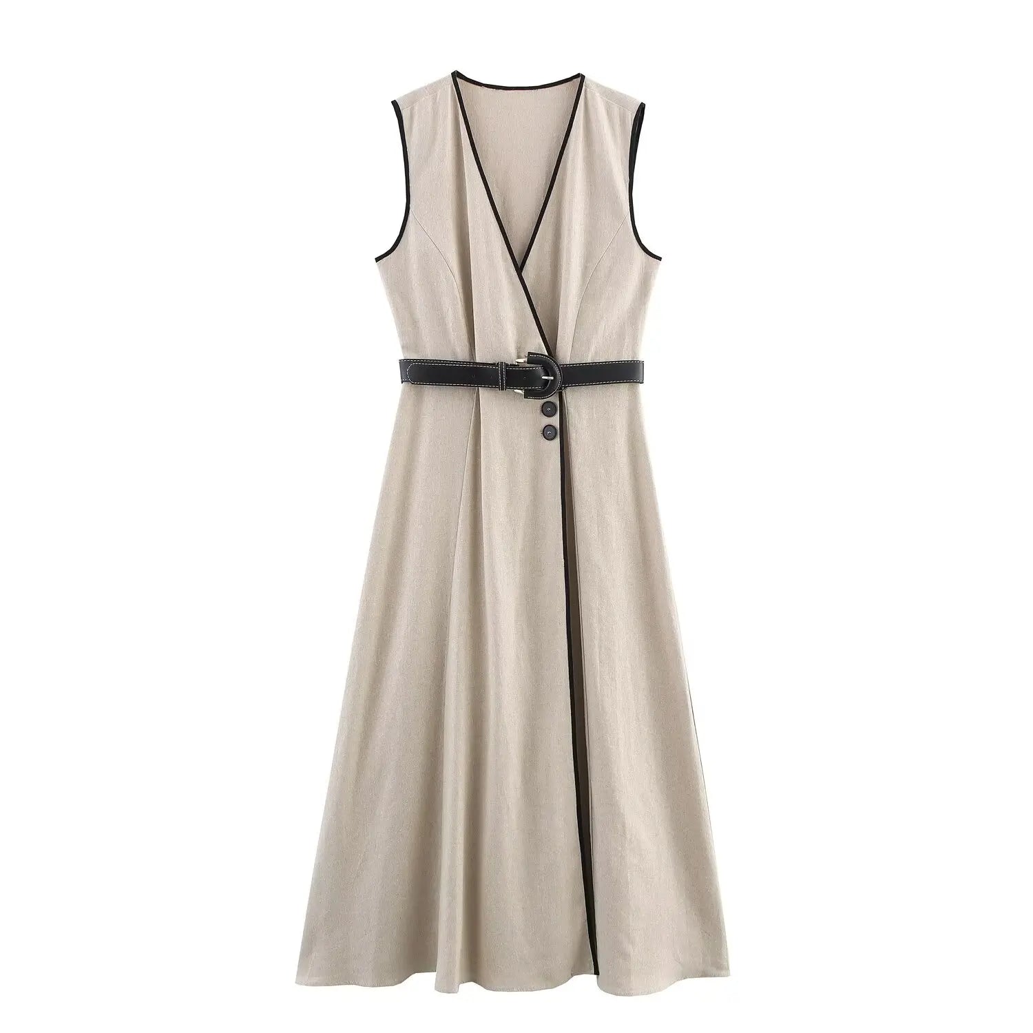 PB&ZA2025 Summer New Product Women's High End Casual and Fashionable Simple With Belt Sleeveless V-neck Medium Length Dress