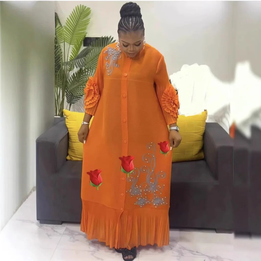2025 New Wrinkled Handmade Beads Hand-cranked Flower Jacket Dress Fashion Heavy Industry Disc Flower Bead Long Dresses Women