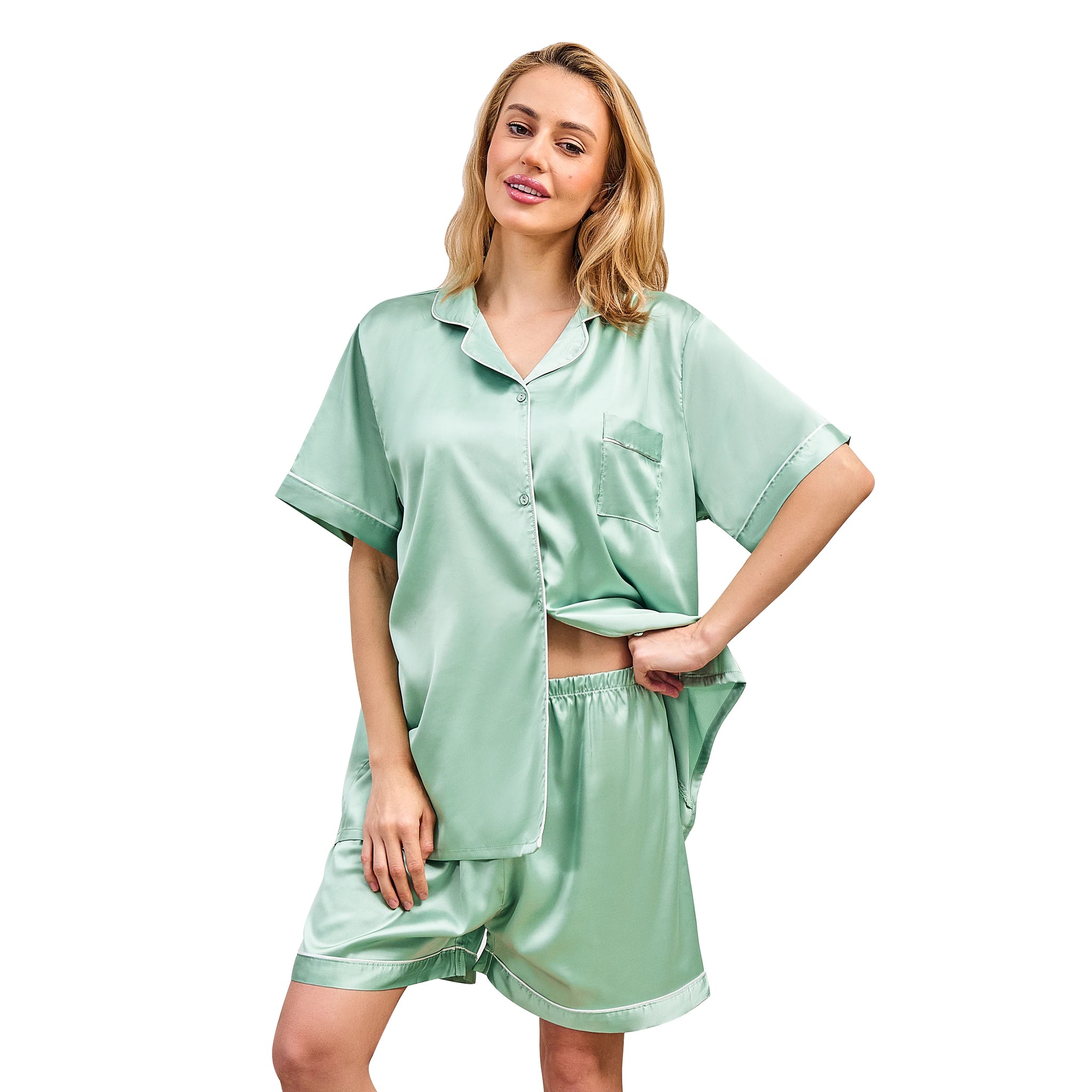 LWQ&ROSE Women's Soft Silky Summer Short Sleeve Satin Pajamas Set 2025 Solid Color Home Wear 2 Piece Pjs Shorts Lounge Set