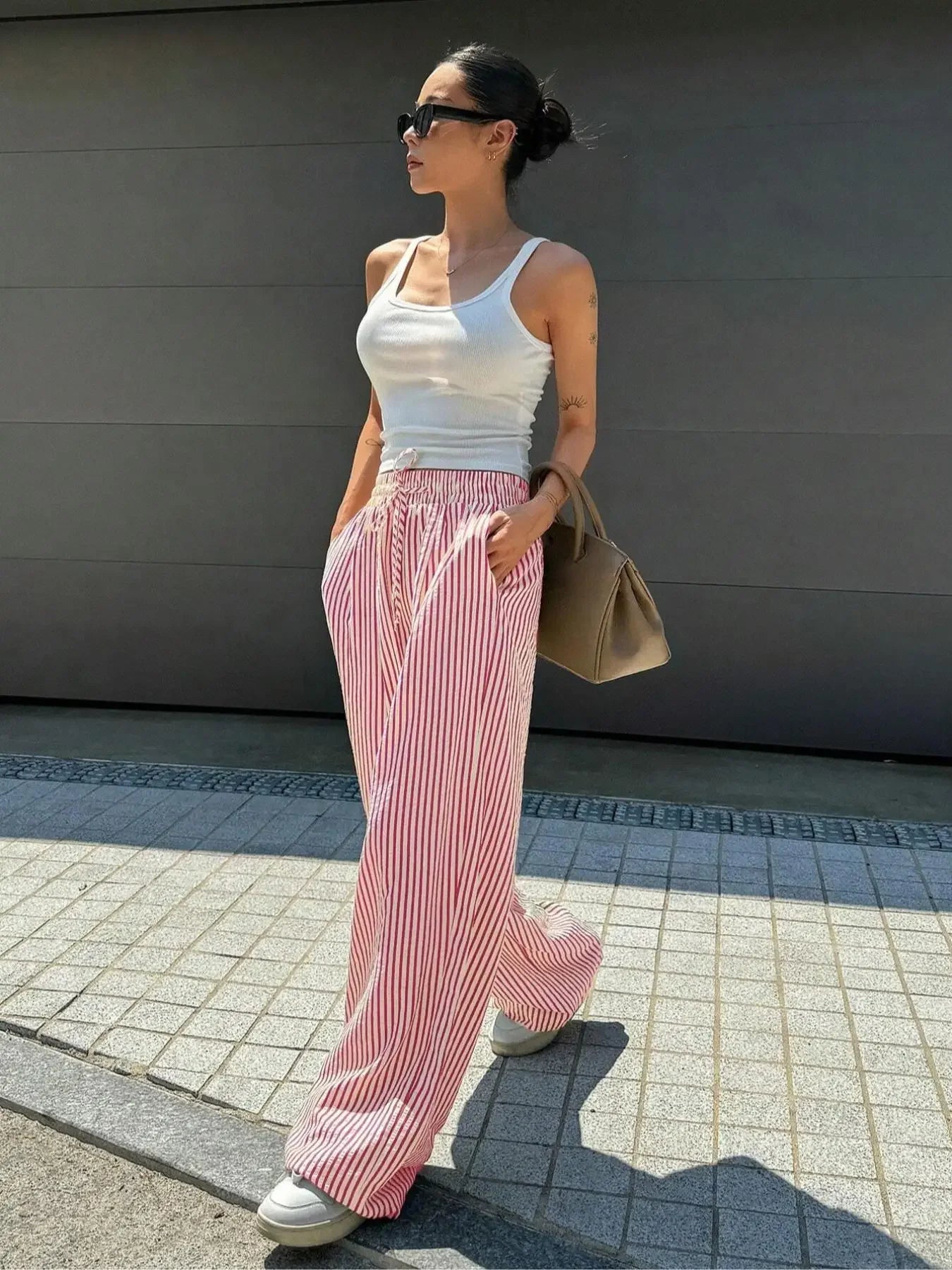 Women's Plus-size 1XL-5XL Fashion Comfortable Striped Drawstring Casual Pants Loose Stretch Mid-waist Tracksuit Pants