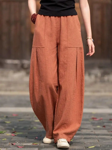 Summer Casual Women's Pants Cotton Linen Elastic Waist Loose Pocket Solid Color Harem Pants Women's Clothing