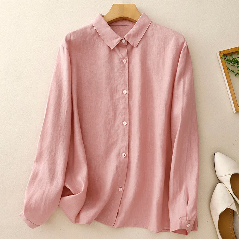 Cotton shirt female spring and autumn new fashion Japanese literature elegant solid color versatile long-sleeved casual blouse