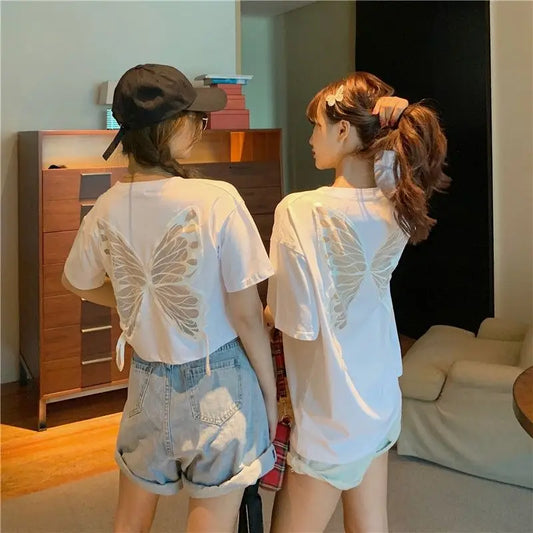 Black Butterfly Embroidery Cotton Top Female Japanese Vintage Clothes Fashion One Pieces Korean Tee Y2k Korea Women's T-shirt
