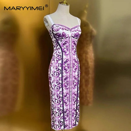 MARYYIMEI Fashion Women's New Dress Sexy Spaghetti Strap Backless Baroque Print Slim-Fit Hip Wrap Silk Button Dresses