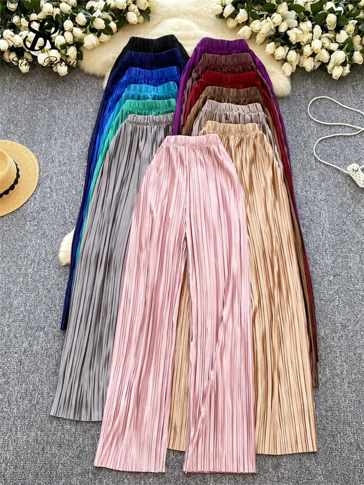 SINGREINY 2025 Summer Casual Pants Women High Waist Fashion Wide Legs Pants Basics Simple Style Solid Pleated Long Trousers