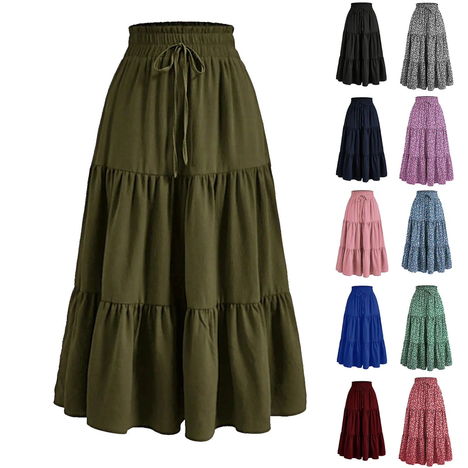 Fashion Solid Women Skirts Elegant Harajuku Saia Casual Floral Loose Long Skirt Ladies Clothes Faldas Ropa Mujer