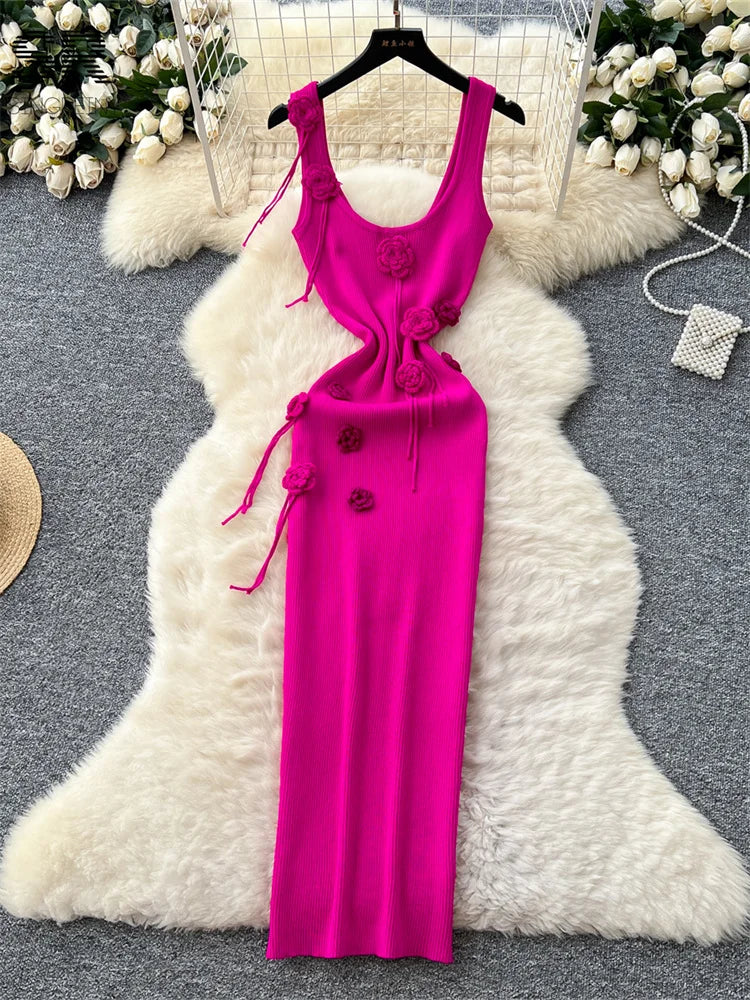SINGREINY Summer Sexy Vacation Tank Dress Sleeveless Elastic Bodycon Sundress Women 3D Flower Design Casual Knitted Dresses