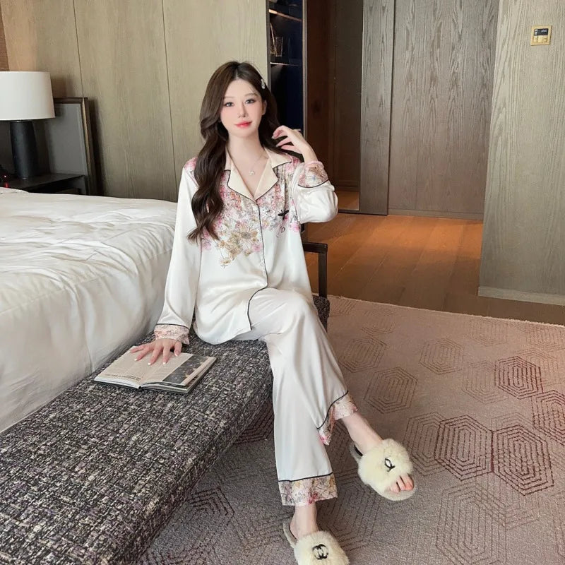 2025 Luxury Little Bee Flower Butterfly Ice Silk Two Piece Set Pajamas Women Spring Summer Long Sleeve Pants Sleepwear Nightwear