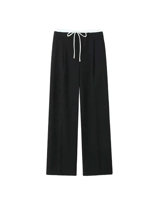 TRZA-Women's Double Waistband Wide Leg Pants, High Elastic Waist With Drawstring, Side Pockets, Female Trousers, Chic Fashion