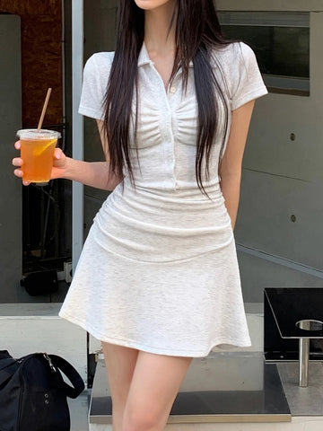 Fashion Solid Ruched Slim Fit Elegant Women Dresses  Summer Polo Neck Simple Sports Style Mini Dress