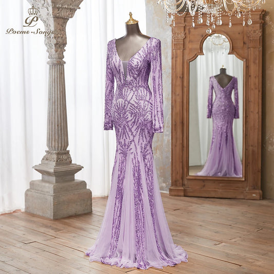 Luxurious Purple Long Sleeve Sequin  Evening dress Deep V-Neck Embellished Pattern Mermaid Formal Evening dress Special Events